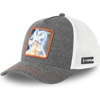 Boné trucker cinza e branco Son Goku Ultra Instinct DBS8 GOKB Dragon Ball da Capslab