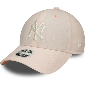 Boné curvo rosa claro ajustável para mulheres 9FORTY Linen da New York Yankees MLB da New Era