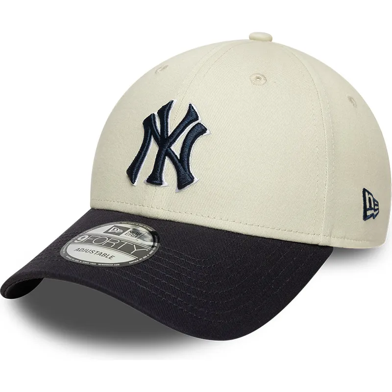bone-curvo-bege-e-azul-marinho-ajustavel-com-logo-azul-marinho-9forty-world-series-da-new-york-yankees-mlb-da-new-era
