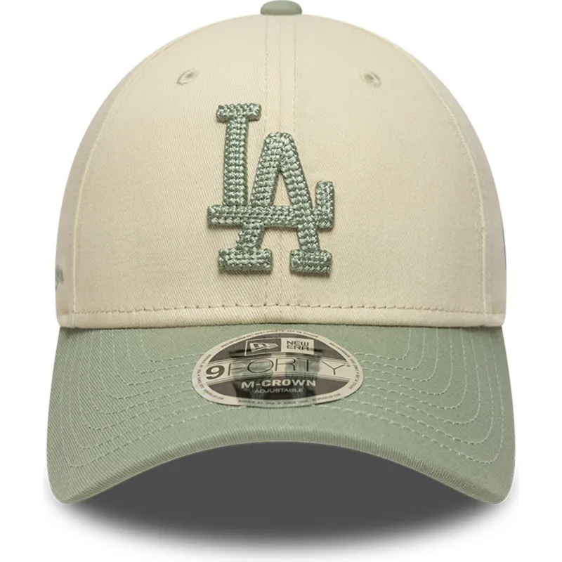bone-curvo-bege-e-verde-snapback-com-logo-verde-9forty-m-crown-side-script-da-los-angeles-dodgers-mlb-da-new-era
