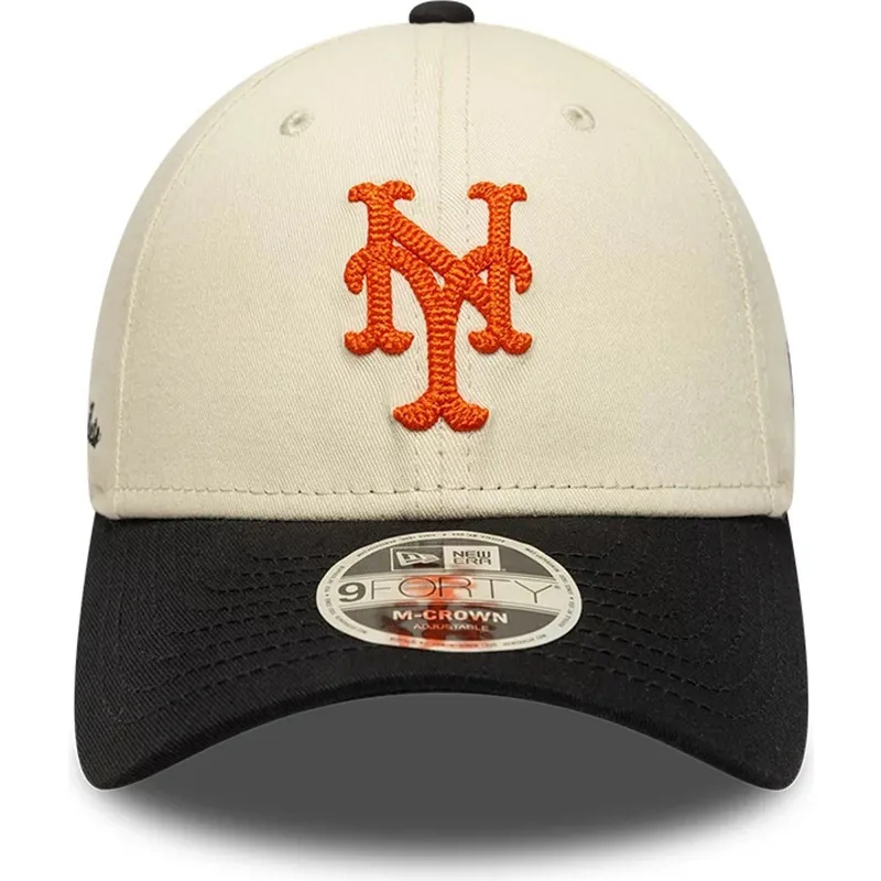 bone-curvo-bege-e-preto-snapback-9forty-m-crown-side-script-da-new-york-mets-mlb-da-new-era