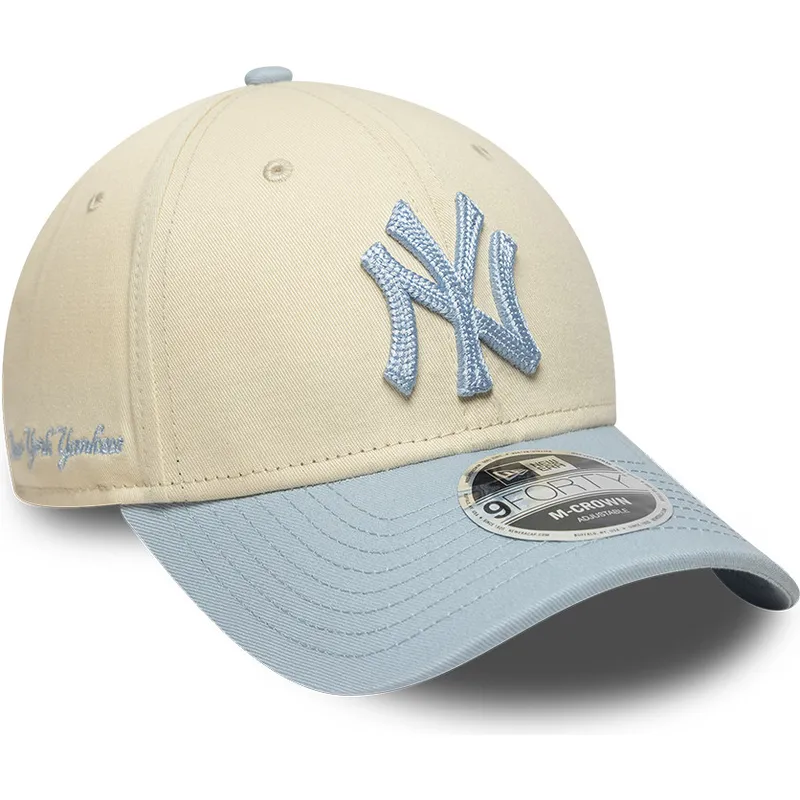 bone-curvo-bege-e-azul-snapback-com-logo-azul-9forty-m-crown-side-script-da-new-york-yankees-mlb-da-new-era