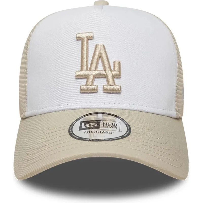 bone-trucker-bege-e-branco-com-logo-bege-a-frame-league-essential-da-los-angeles-dodgers-mlb-da-new-era