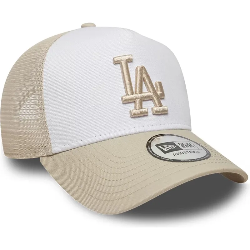bone-trucker-bege-e-branco-com-logo-bege-a-frame-league-essential-da-los-angeles-dodgers-mlb-da-new-era