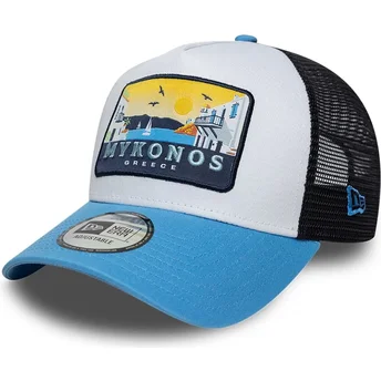 Boné trucker azul A Frame Location Patch da Mykonos da New Era