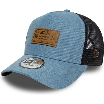 Boné trucker azul A Frame Denim Leather Patch da New Era