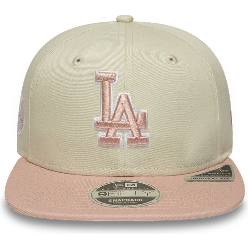 bone-plano-bege-snapback-com-logo-rosa-9fifty-original-fit-world-series-patch-da-los-angeles-dodgers-mlb-da-new-era