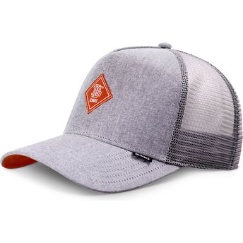 Boné trucker cinza com logo vermelho HFT OxfordContra da Djinns