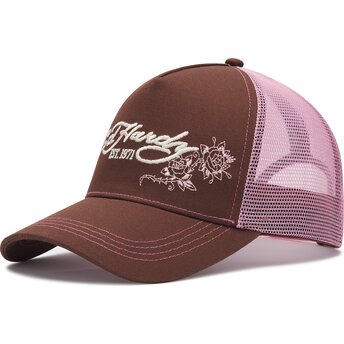 Boné trucker castanho e rosa Skull And Roses da Ed Hardy