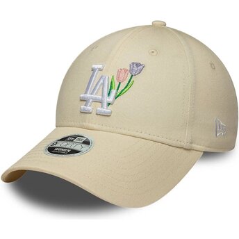Boné curvo bege ajustável para mulheres 9FORTY Flower Icon da Los Angeles Dodgers MLB da New Era