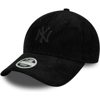 Boné curvo preto ajustável para mulheres com logo preto 9FORTY Cord da New York Yankees MLB da New Era