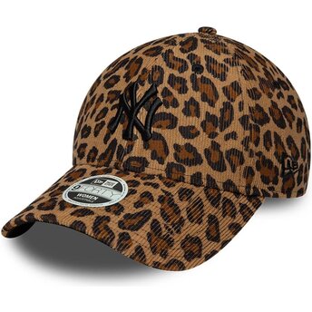 Boné curvo leopardo ajustável para mulheres com logo preto 9FORTY Leãopard Cord da New York Yankees MLB da New Era