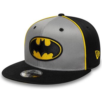 Boné plano cinza e preto snapback para criança 9FIFTY Piping da Batman DC Comics da New Era