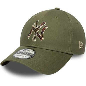 Boné curvo verde ajustável com logo camuflagem 9FORTY Outline Camo da New York Yankees MLB da New Era