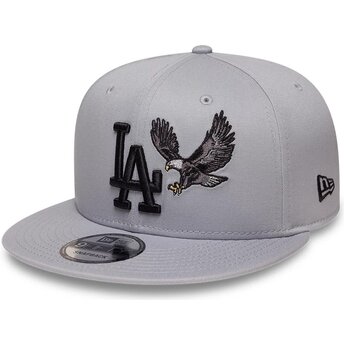 Boné plano cinza snapback com logo preto 9FIFTY Outdoor Icon da Los Angeles Dodgers MLB da New Era