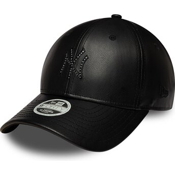 Boné curvo preto snapback para mulheres com logo preto 9FORTY M-Crown PU Diamante da New York Yankees MLB da New Era
