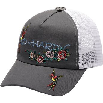 Boné trucker cinza e branco Floral Swallow da Ed Hardy