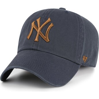 Boné curvo cinza ajustável com logo castanho Clean Up Contrast Vintage Navy da New York Yankees MLB da 47 Brand