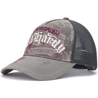 Boné trucker cinza Floral Tattoo City Vintage Wash da Ed Hardy