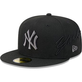 Boné plano preto justo com logo cinza 59FIFTY Side Script da New York Yankees MLB da New Era