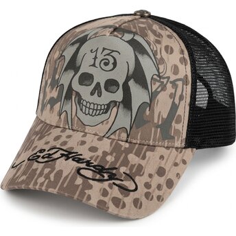 Boné trucker cinza e preto 13 Skull da Ed Hardy