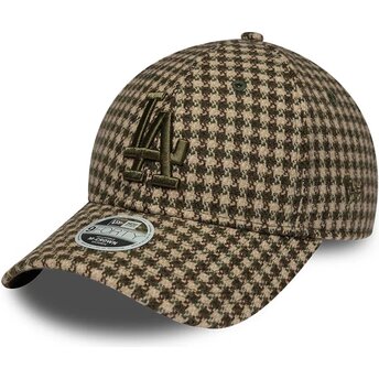 Boné curvo verde e castanho ajustável para mulheres 9FORTY M-Crown Houndstooth da Los Angeles Dodgers MLB da New Era