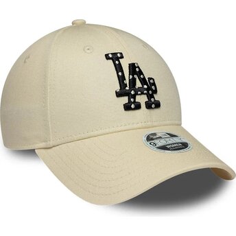 Boné curvo bege ajustável para mulheres com logo preto 9FORTY Infill da Los Angeles Dodgers MLB da New Era