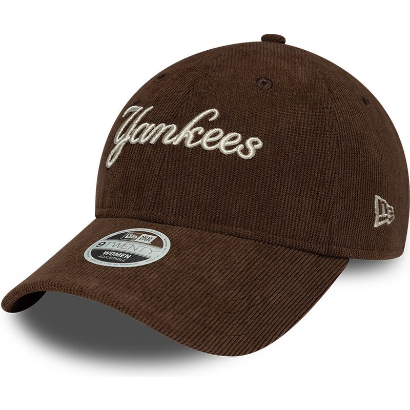 bone-curvo-castanho-ajustavel-para-mulheres-9twenty-cord-script-da-new-york-yankees-mlb-da-new-era