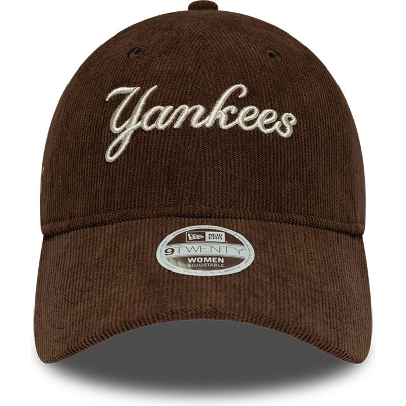 bone-curvo-castanho-ajustavel-para-mulheres-9twenty-cord-script-da-new-york-yankees-mlb-da-new-era