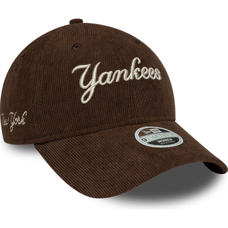 bone-curvo-castanho-ajustavel-para-mulheres-9twenty-cord-script-da-new-york-yankees-mlb-da-new-era