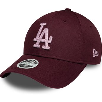 Boné curvo grená ajustável para mulheres com logo rosa 9FORTY Metallic da Los Angeles Dodgers MLB da New Era