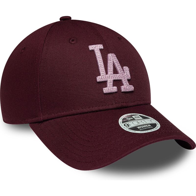 bone-curvo-grena-ajustavel-para-mulheres-com-logo-rosa-9forty-metallic-da-los-angeles-dodgers-mlb-da-new-era