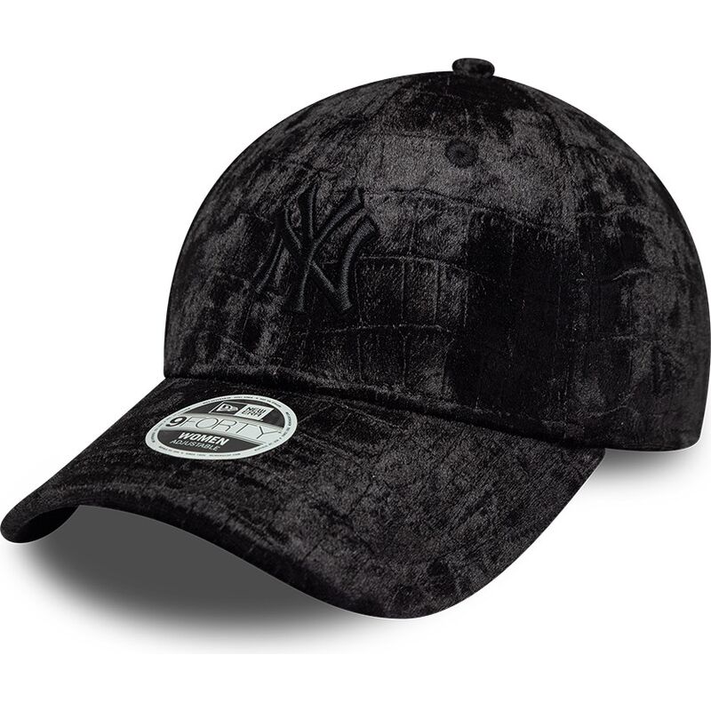 bone-curvo-preto-ajustavel-para-mulheres-com-logo-preto-9forty-pattern-velour-da-new-york-yankees-mlb-da-new-era