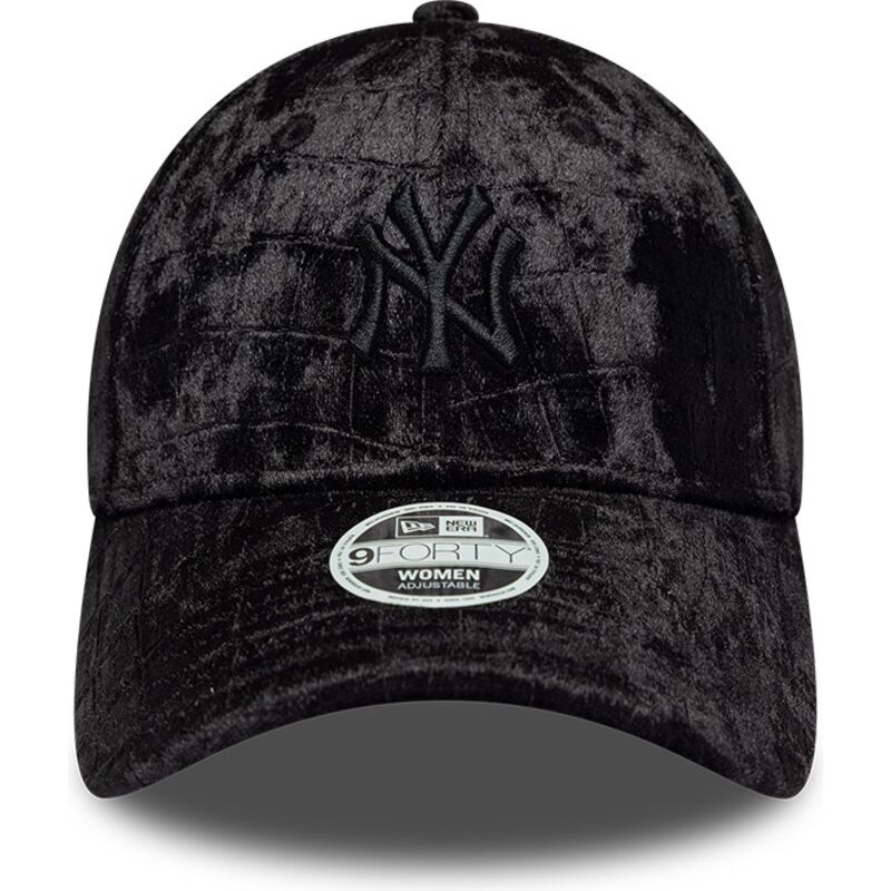 bone-curvo-preto-ajustavel-para-mulheres-com-logo-preto-9forty-pattern-velour-da-new-york-yankees-mlb-da-new-era
