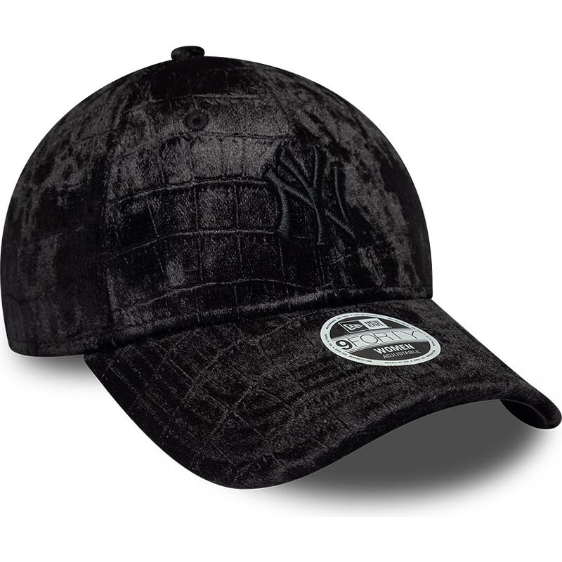 bone-curvo-preto-ajustavel-para-mulheres-com-logo-preto-9forty-pattern-velour-da-new-york-yankees-mlb-da-new-era