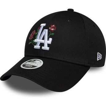 Boné curvo preto snapback para mulheres 9FORTY Rose Sequin da Los Angeles Dodgers MLB da New Era