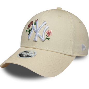 Boné curvo bege snapback para mulheres 9FORTY Rose Sequin da New York Yankees MLB da New Era