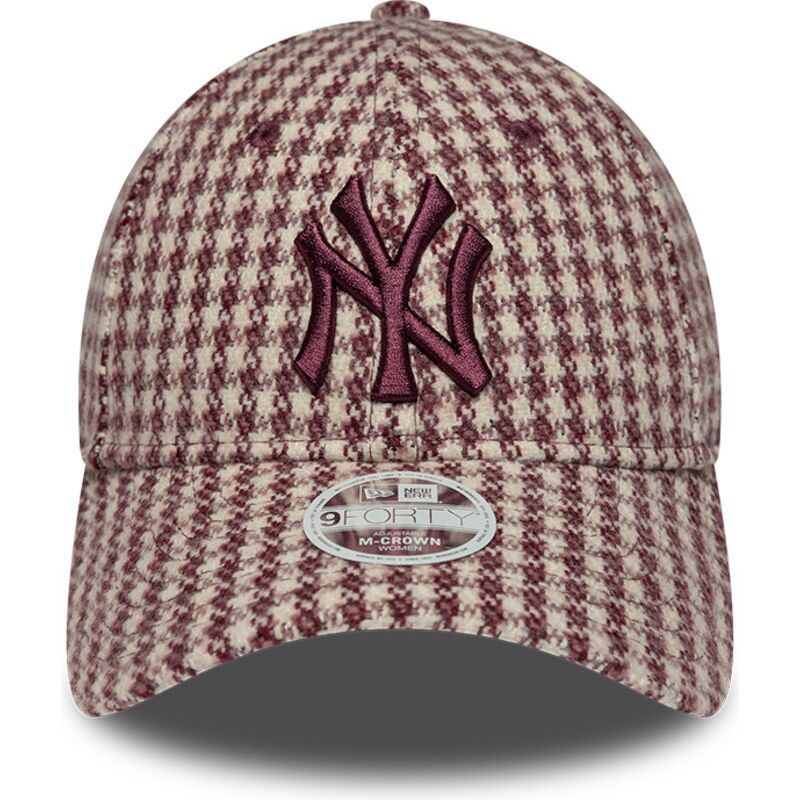 bone-curvo-grena-e-bege-ajustavel-para-mulheres-com-logo-grena-9forty-m-crown-houndstooth-da-new-york-yankees-mlb-da-new-era