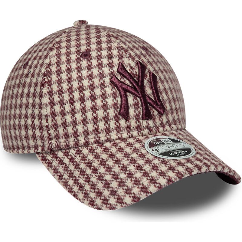 bone-curvo-grena-e-bege-ajustavel-para-mulheres-com-logo-grena-9forty-m-crown-houndstooth-da-new-york-yankees-mlb-da-new-era