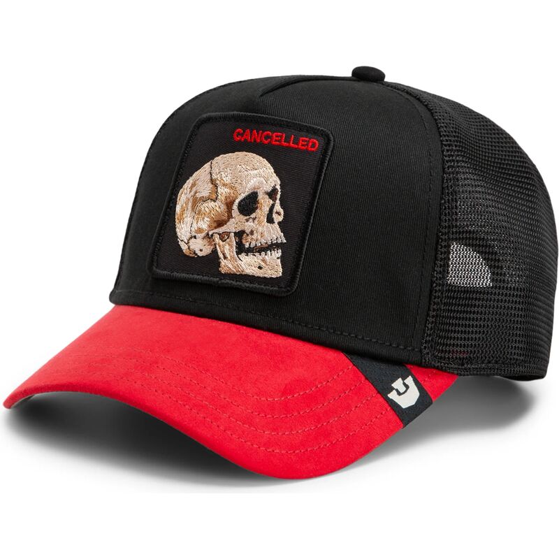 bone-trucker-preto-e-vermelho-caveira-cancelled-skull-trucker-microsuede-the-farm-da-goorin-bros
