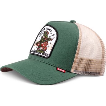 Boné trucker verde e bege HFT Do Nothing Club Weird Vibes Frog da Djinns