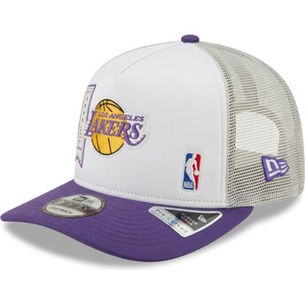 Boné trucker violeta e branco 9FIFTY A Frame Precurved Multi Patch da Los Angeles Lakers NBA da New Era